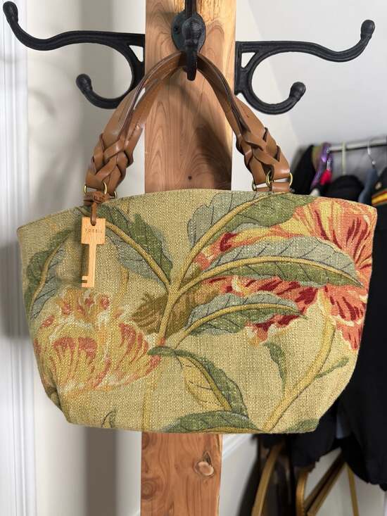 Fossil Handbags - Vintage Fossil Floral Tapestry Handbag with Braided Leather Handles.